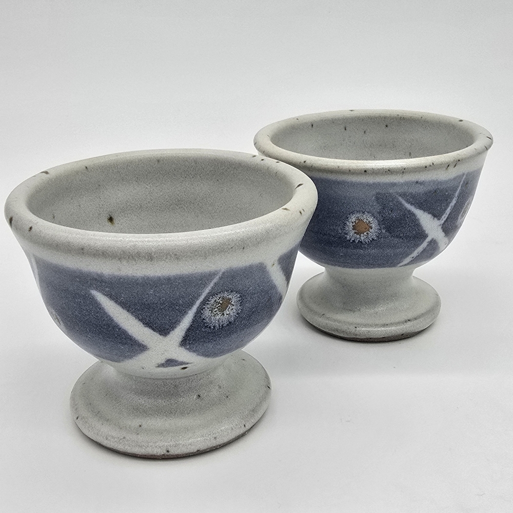 2 Signed Art Pottery Stoneware Pedestal Mugs